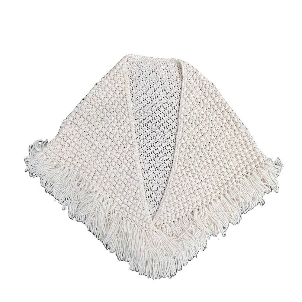 Ivory Hand knitted Shawl Wrap Fringe Boho Cottage Hippie Artsy Fairy Neutral
